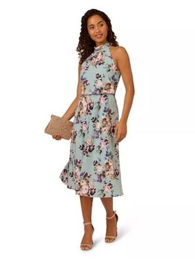 NWT Adrianna Papell Sz 10 Blouson Chiffon Floral Halter  Midi Dress Sleeveless